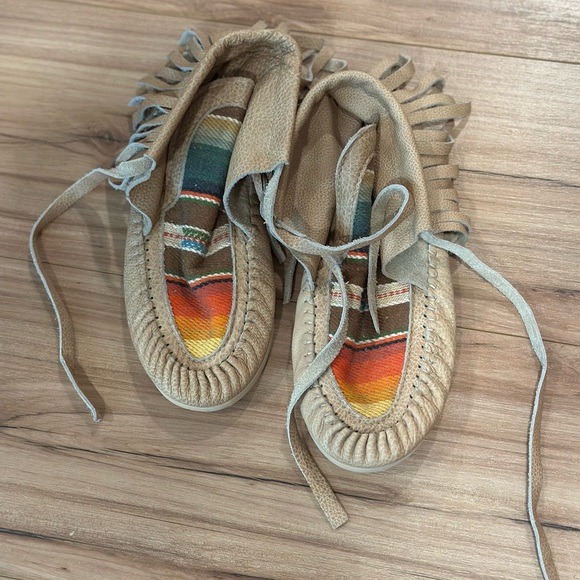 Leather Fringed Tan Moccasins Handmade with Multicolor Accents - Picture 1 of 3